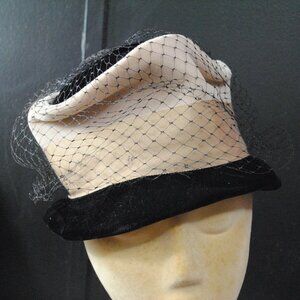 Vintage 1950s-60s Striped Velvet Bucket Hat with Lace Netting Union Made in USA